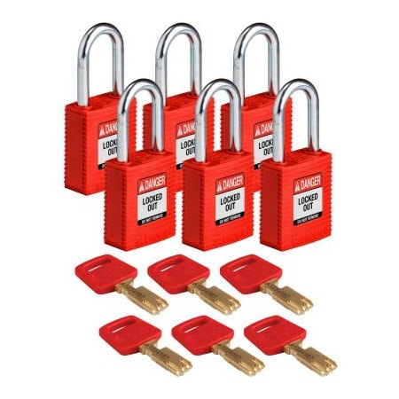 Brady Brady NYL-RED-38ST-KD6PK Brady SafeKey Lockout Padlock Nylon 1.5" Steel Shackle Key Different NYL-RED-38ST-KD6PK